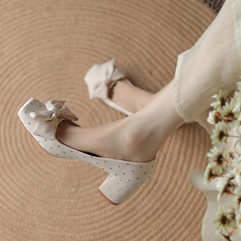 Giày Cao Gót Diamond Bow Square Toe High Heels Burgundy - Image 5